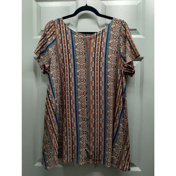 Star Vixen Women's Size 1X Orange & Blue Scoop Neck Mixed Pattern Tunic Top - Picture 3 of 5